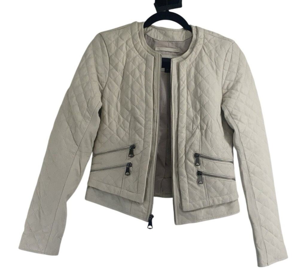 Andrew Marc Women's Ivory Leather Jacket Genuine Learher Quilted Size XS